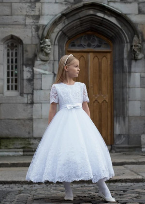 Beaded Short Sleeves White Lace Tulle Tea Length Flower Girl Dress